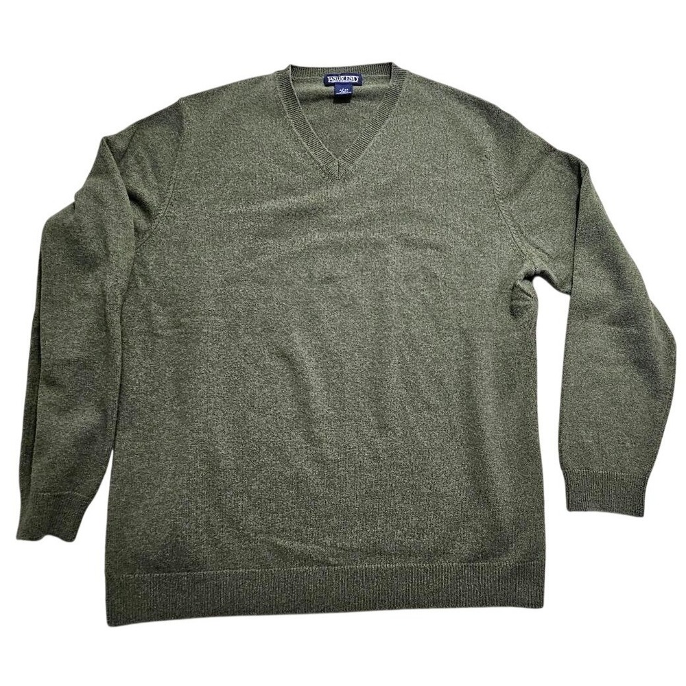 Lands End Mens V-Neck Sweater 100% Cashmere Olive Green Heather Large Tall 42-44